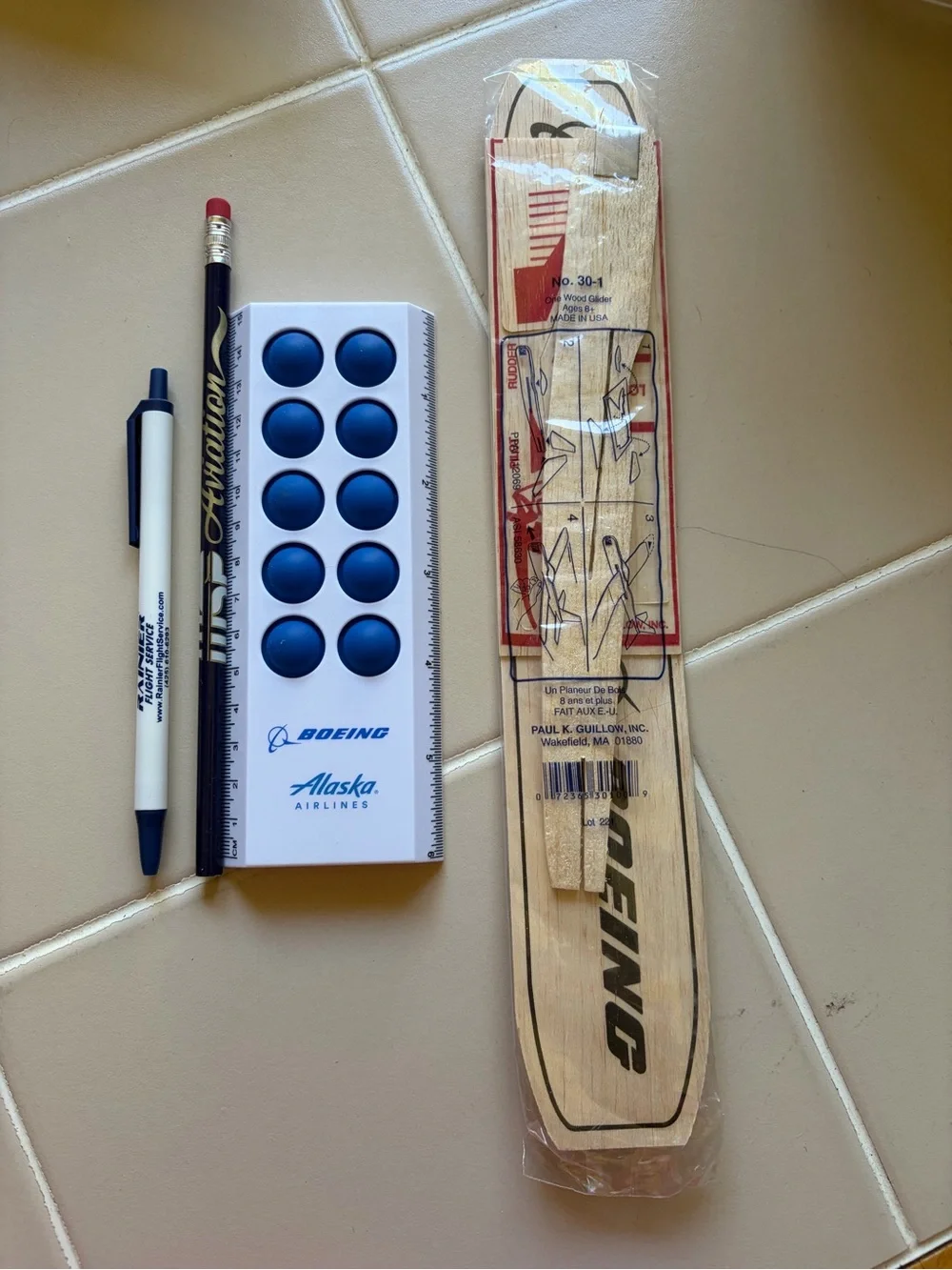 Mini Bundle: Alaska Airlines pen, pencil, ruler/fidget & Boeing wooden plane
